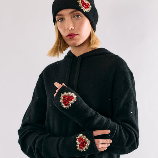 Cashmere Short Fingerless Gloves with Hand Embroidered Jeweled Heart