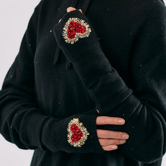 Cashmere Short Fingerless Gloves with Hand Embroidered Jeweled Heart