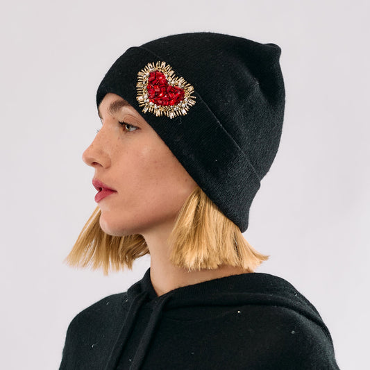 Cashmere Cuffed Beanie w. Hand Embroidered Jeweled Heart