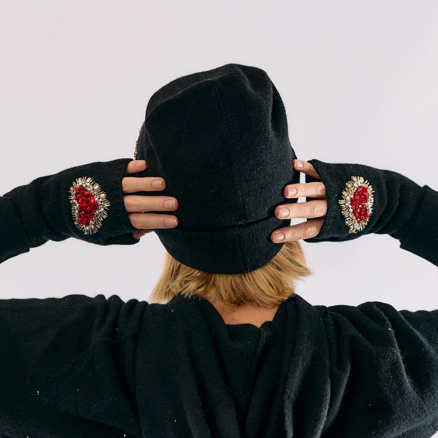 Cashmere Short Fingerless Gloves with Hand Embroidered Jeweled Heart