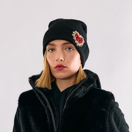 Cashmere Cuffed Beanie w. Hand Embroidered Jeweled Heart