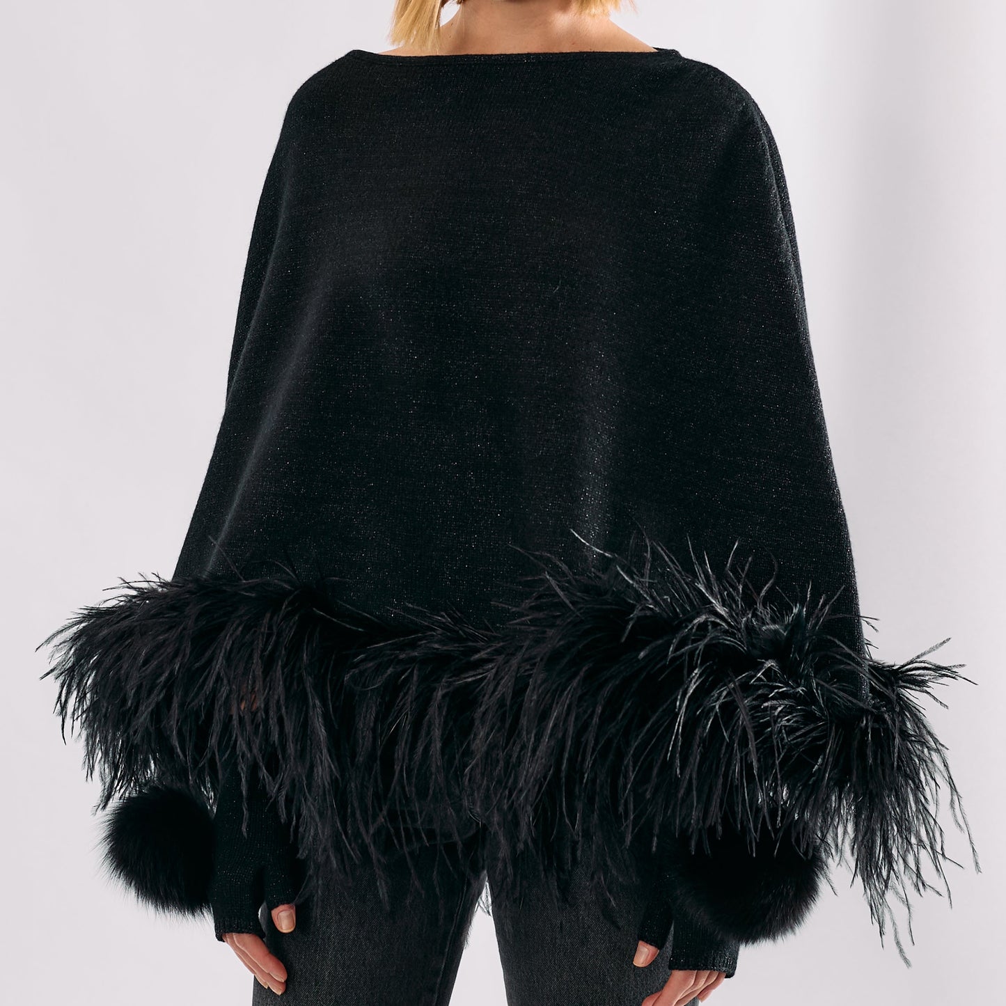 Cropped Cashmere & Lurex Poncho with Ostrich Feather Trim