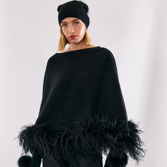 Cropped Cashmere & Lurex Poncho with Ostrich Feather Trim