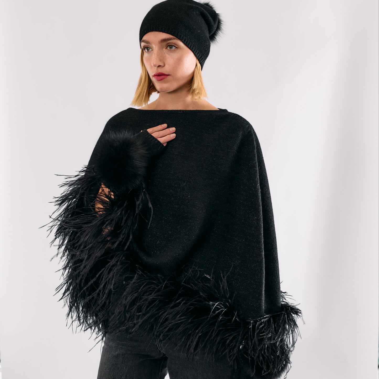 Cropped Cashmere & Lurex Poncho with Ostrich Feather Trim