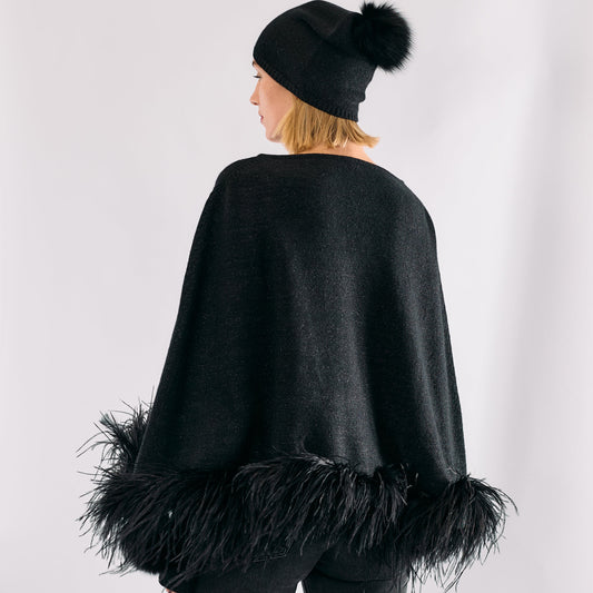 Cropped Cashmere & Lurex Poncho with Ostrich Feather Trim
