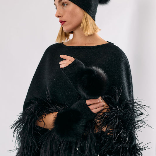 Cashmere & Lurex Short Fingerless Gloves w. Pom Poms - Black