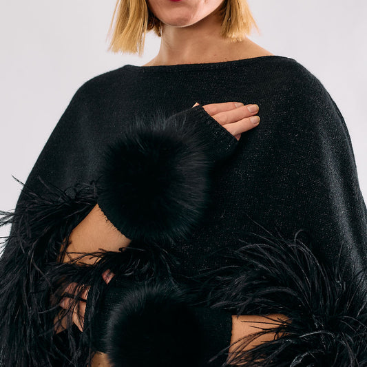 Cashmere & Lurex Short Fingerless Gloves w. Pom Poms - Black