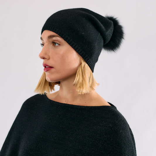 Cashmere & Lurex Slouchy Beanie with Pom Pom
