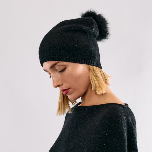 Cashmere & Lurex Slouchy Beanie with Pom Pom