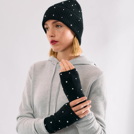 Cashmere Short Fingerless Gloves w. Pearls & Crystals - Black