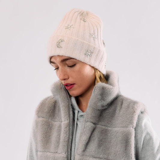 Cashmere Chunky Rib Cuffed Beanie with Hand Embroidered Stars and Moon- Yogi Ivory
