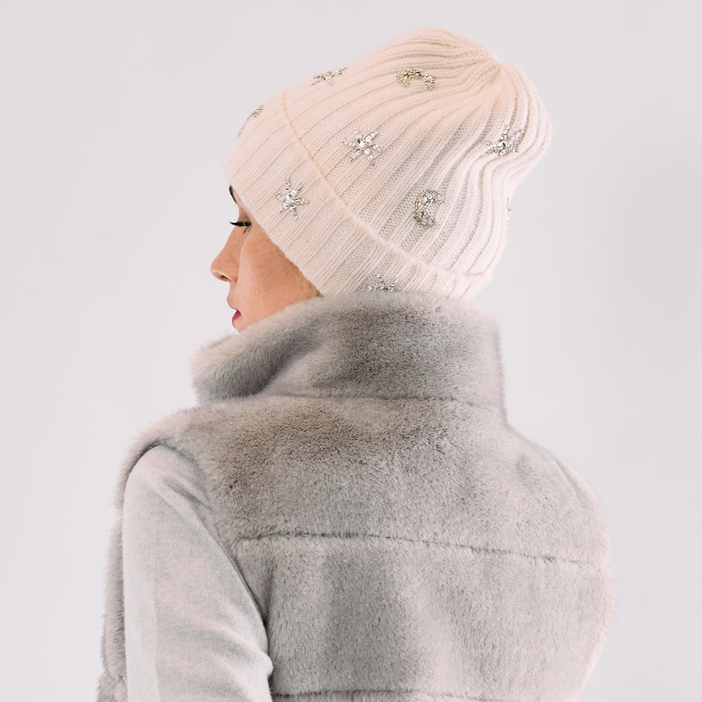 Cashmere Chunky Rib Cuffed Beanie with Hand Embroidered Stars and Moon- Yogi Ivory