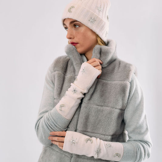 Cashmere Long Fingerless Gloves w. Embroidered Stars and Moons