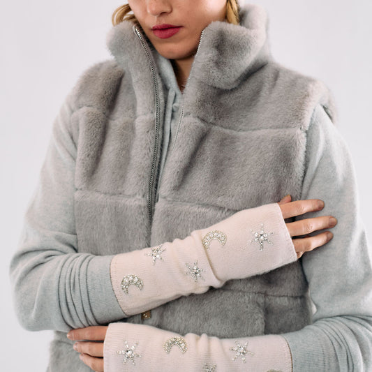 Cashmere Long Fingerless Gloves w. Embroidered Stars and Moons