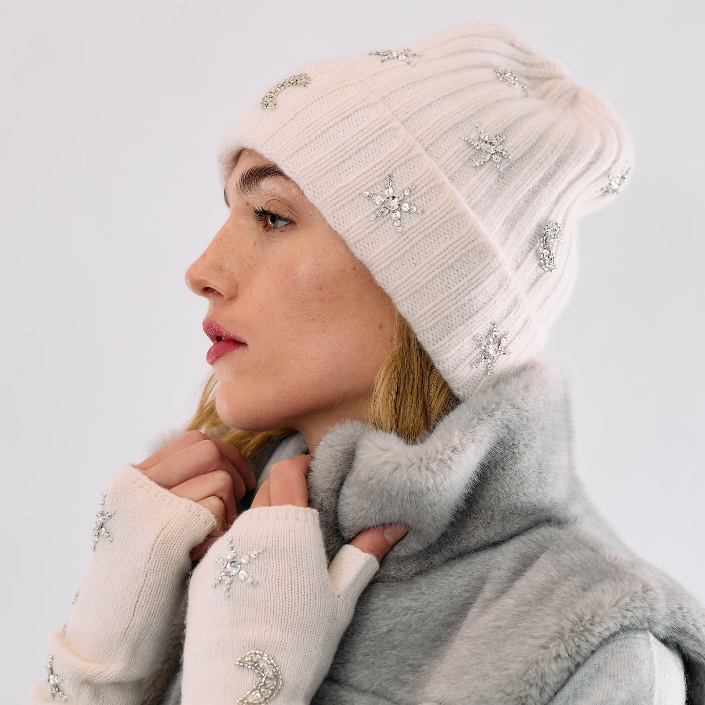 Cashmere Chunky Rib Cuffed Beanie with Hand Embroidered Stars and Moon- Yogi Ivory