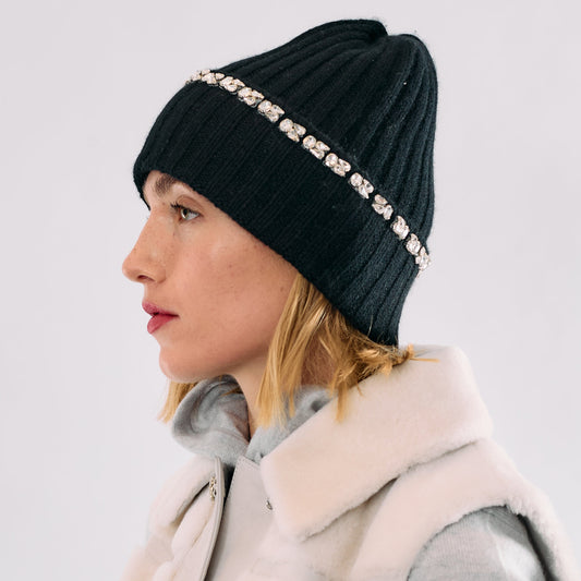 Cashmere Ribbed Cuffed Beanie with Crystal Trim- Black