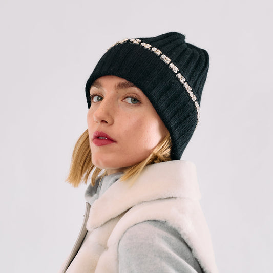 Cashmere Ribbed Cuffed Beanie with Crystal Trim- Black