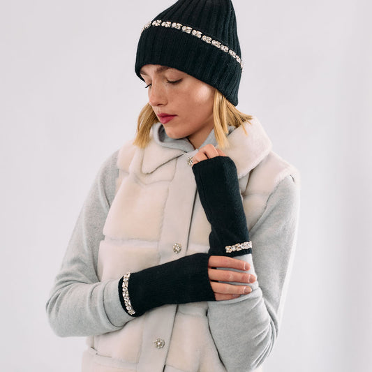 Cashmere Short Fingerless Gloves w. Crystal Trim - Black