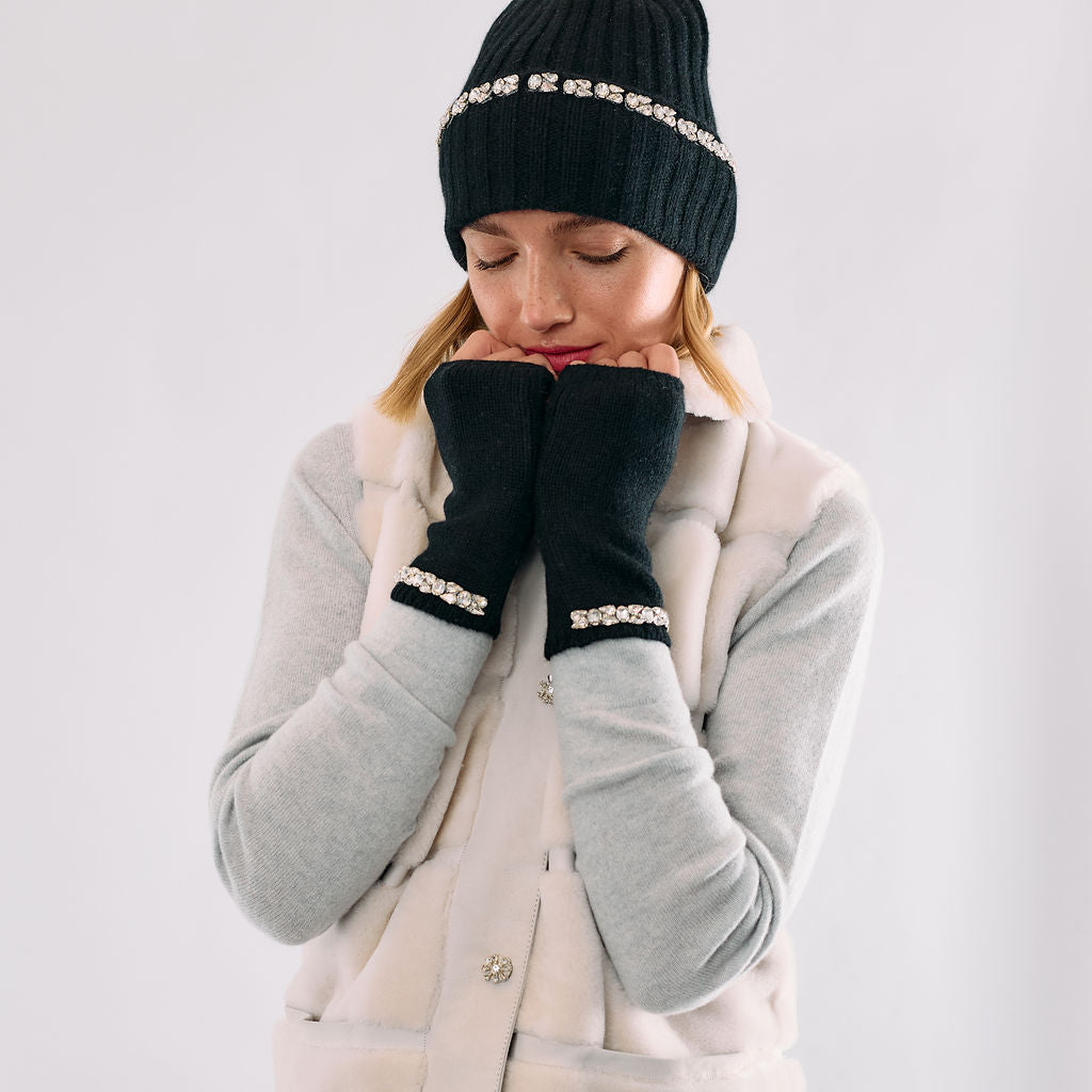 Cashmere Short Fingerless Gloves w. Crystal Trim - Black