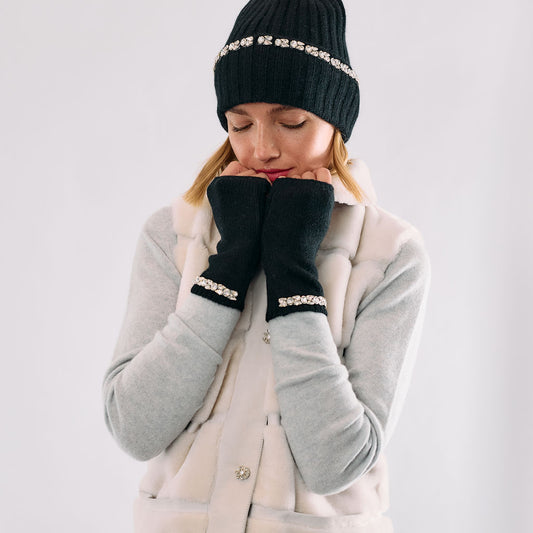 Cashmere Short Fingerless Gloves w. Crystal Trim - Black