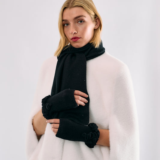 Cashmere Short Fingerless Gloves w. Ruffle Trim - Black