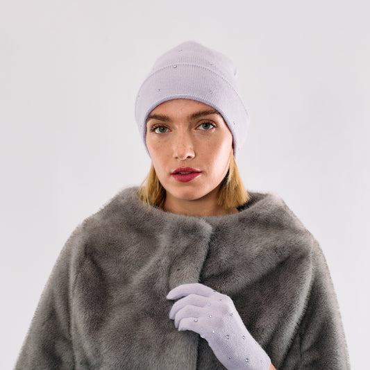 Cashmere Jersey Knit Cuffed Beanie with Scattered Monochromatic Crystals- French Lavender