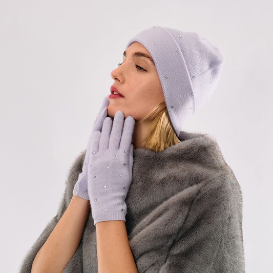 Cashmere Full Finger Gloves w. Scattered Monochromatic Crystals - Lavander