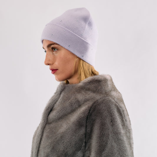 Cashmere Jersey Knit Cuffed Beanie with Scattered Monochromatic Crystals- French Lavender