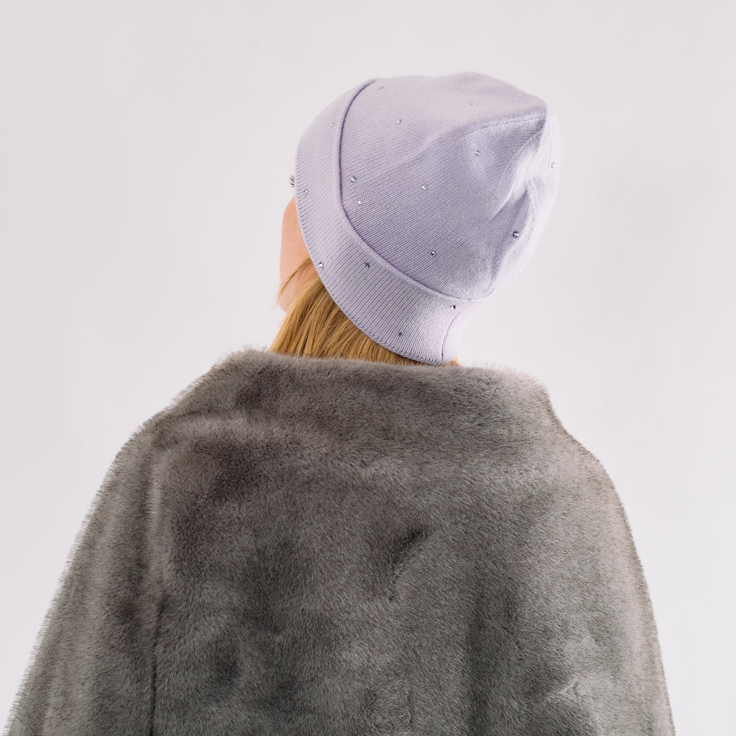 Cashmere Jersey Knit Cuffed Beanie with Scattered Monochromatic Crystals- French Lavender