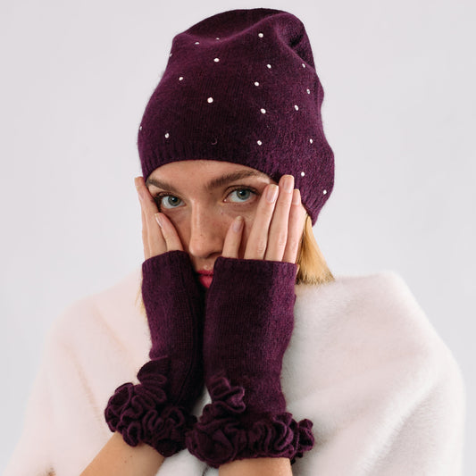 Cashmere Short Fingerless Gloves w. Ruffle Trim - Burgundy