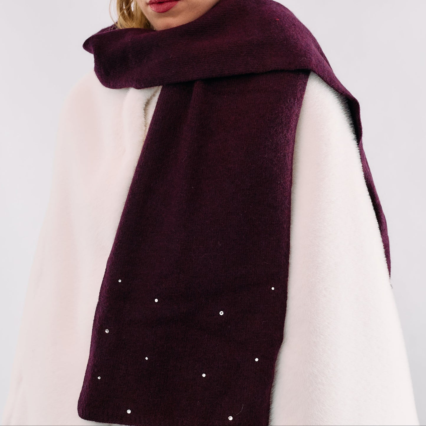 Cashmere Long Scarf with Crystals- Burgundy