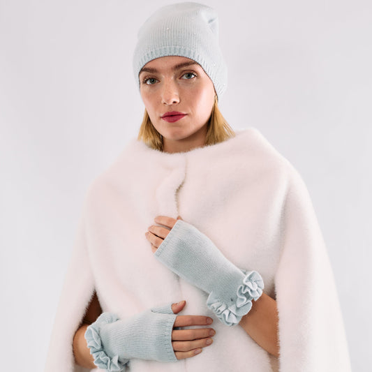 Cashmere Long Slouchy Beanie with Scattered Crystals- Cloud Blue