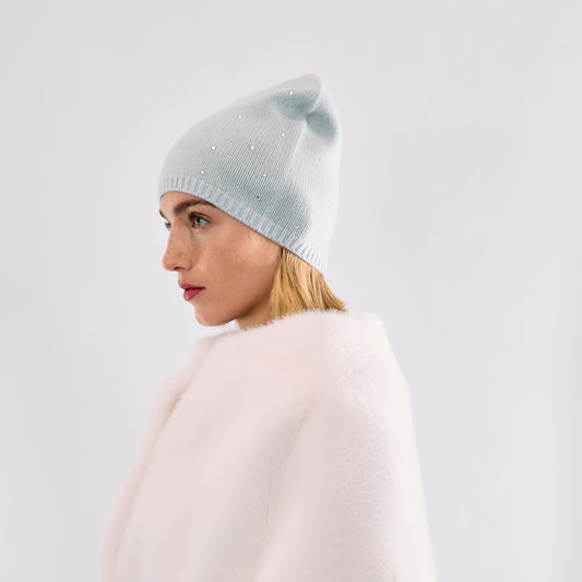 Cashmere Long Slouchy Beanie with Scattered Crystals- Cloud Blue