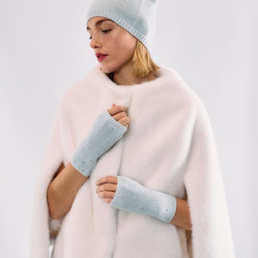 Cashmere Short Fingerless Gloves w. Scattered Crystals - Cloud Blue