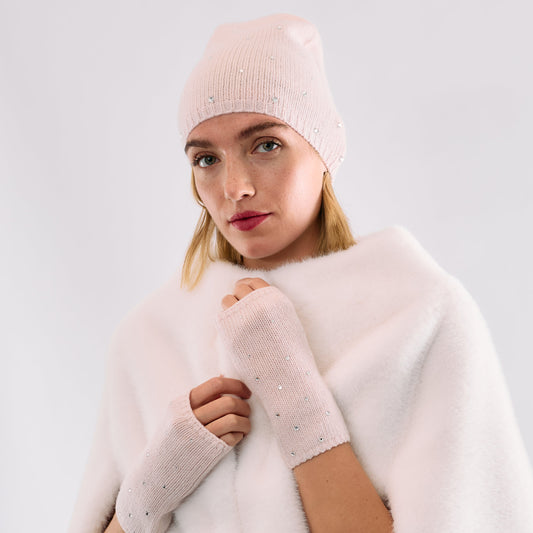 Cashmere Long Slouchy Beanie with Scattered Crystals- Pink