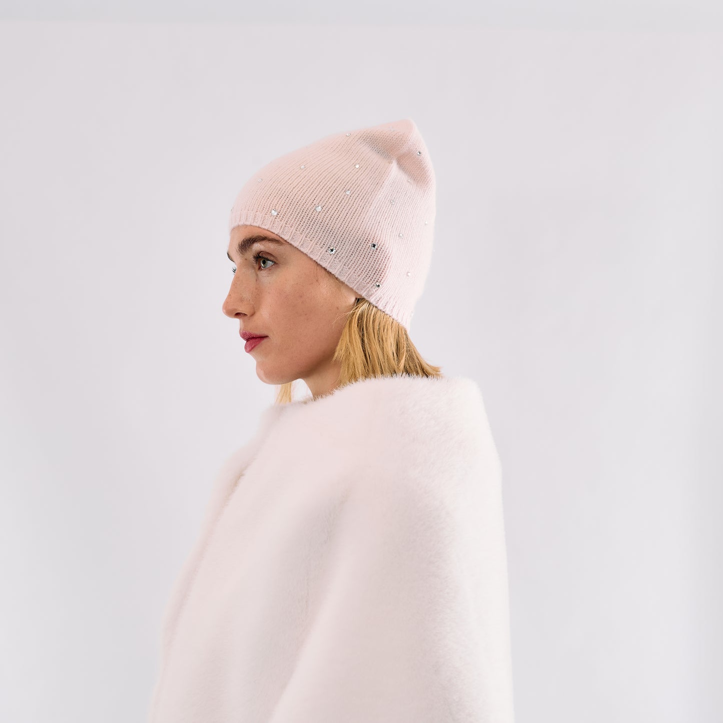 Cashmere Long Slouchy Beanie with Scattered Crystals- Pink