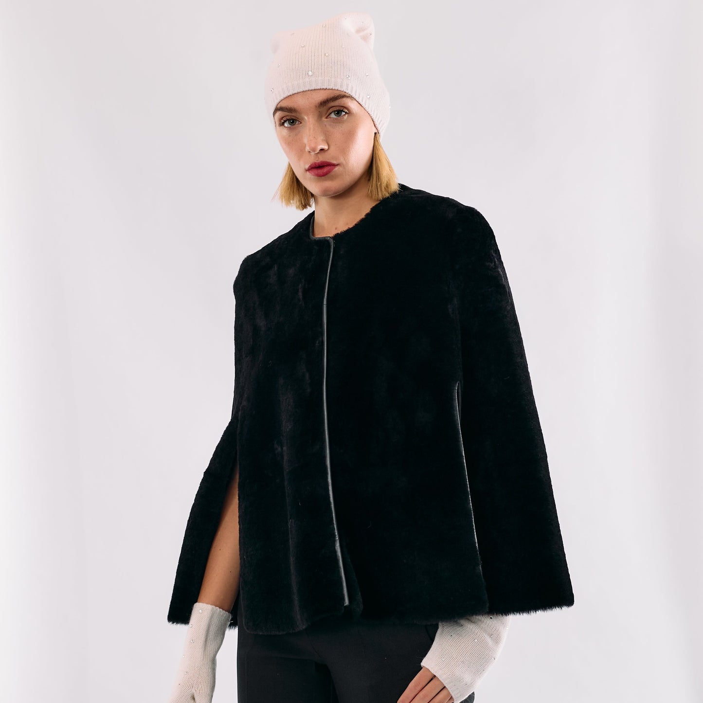 Shearling Cape w. Side Slits & Snap Closures
