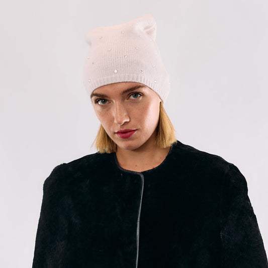Cashmere Long Slouchy Beanie with Scattered Crystals - Ivory