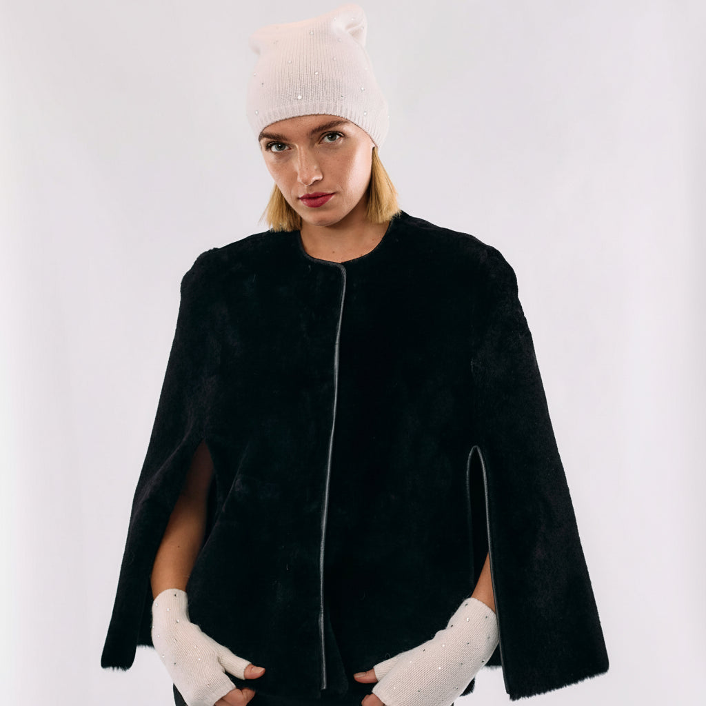 Shearling Cape w. Side Slits & Snap Closures