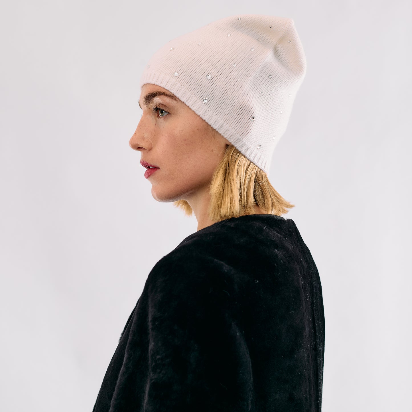 Cashmere Long Slouchy Beanie with Scattered Crystals - Ivory