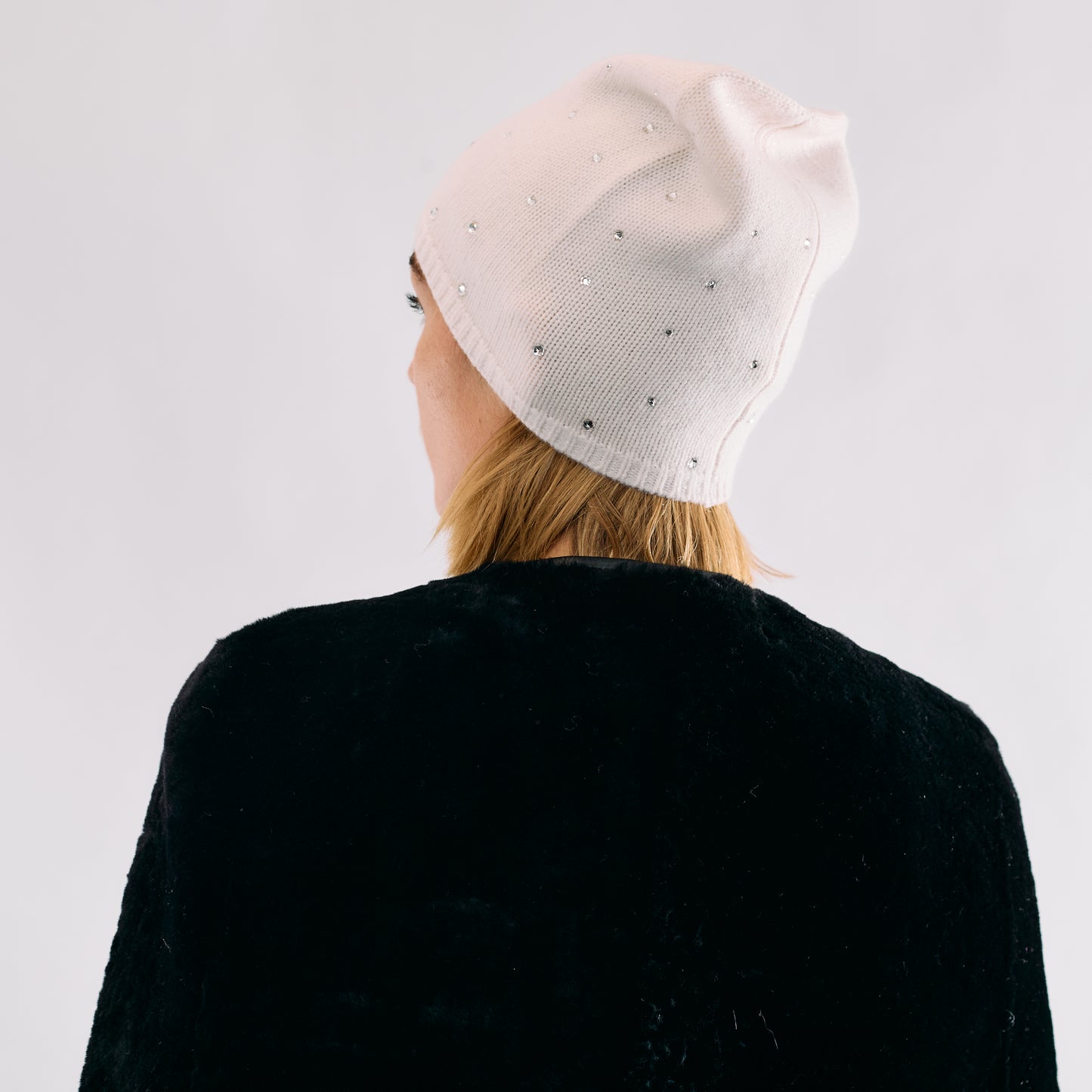 Cashmere Long Slouchy Beanie with Scattered Crystals - Ivory
