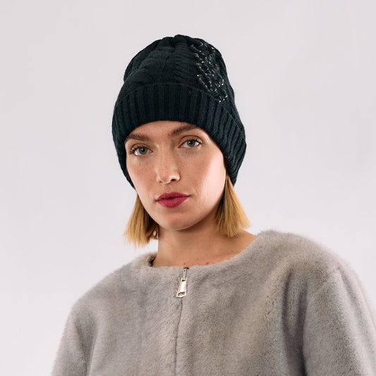 Cashmere Heart Cable Knit Beanie with Row of Crystal Hearts