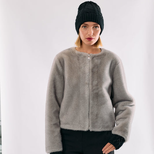 Faux Mink Bomber Jacket w. Slit Pockets