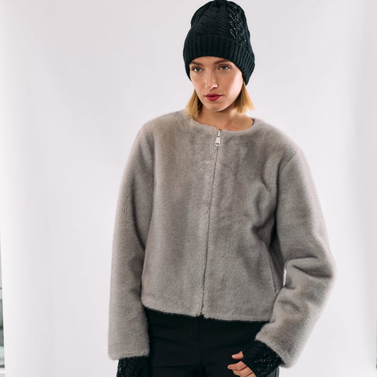 Faux Mink Bomber Jacket w. Slit Pockets