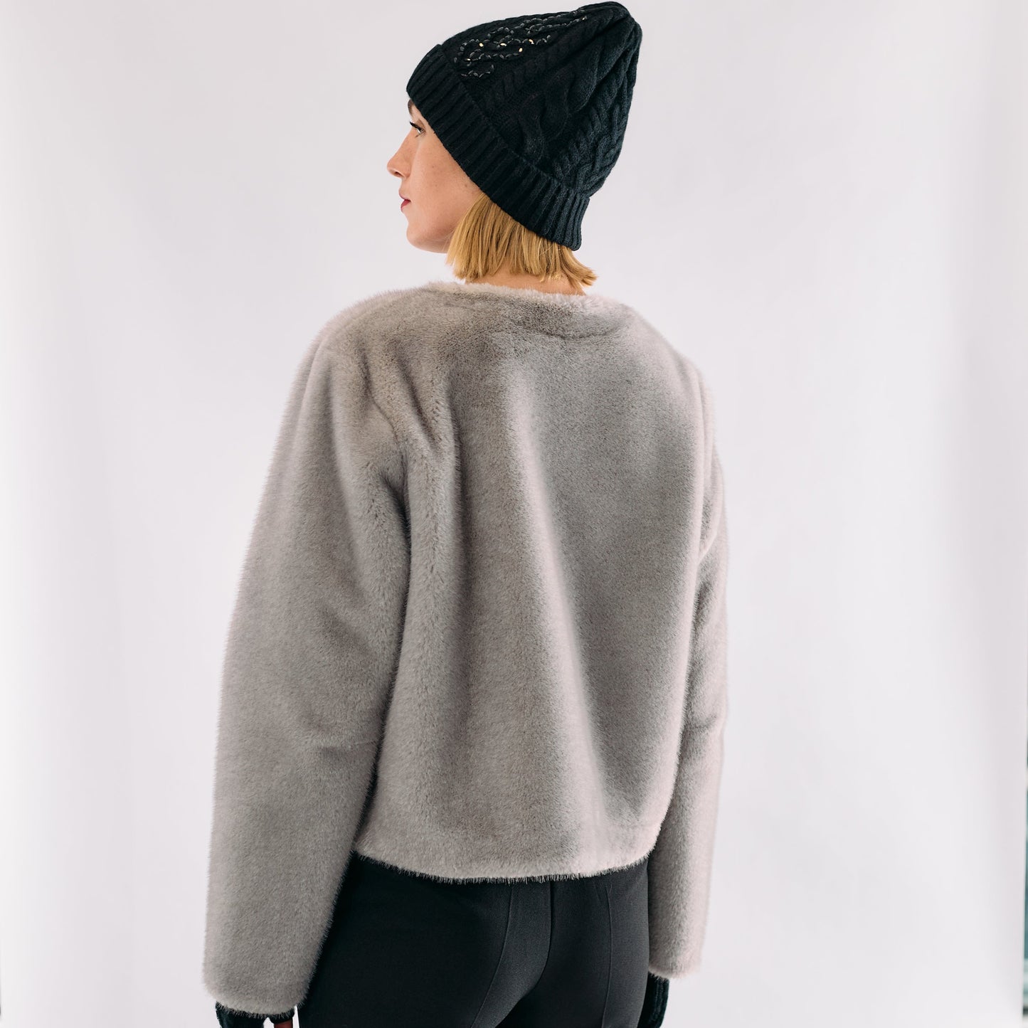 Faux Mink Bomber Jacket w. Slit Pockets