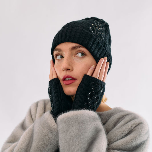 Cashmere Heart Cable Knit Short Fingerless gloves w Crystal Hearts