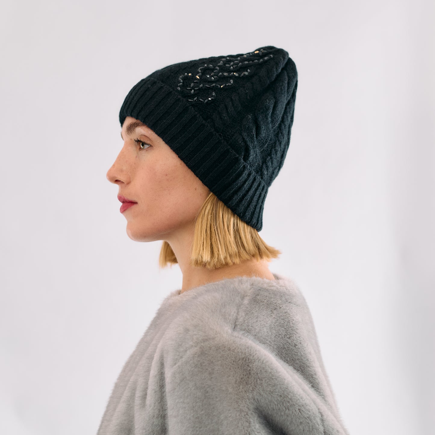 Cashmere Heart Cable Knit Beanie with Row of Crystal Hearts