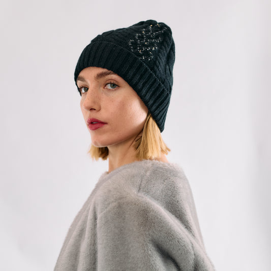 Cashmere Heart Cable Knit Beanie with Row of Crystal Hearts