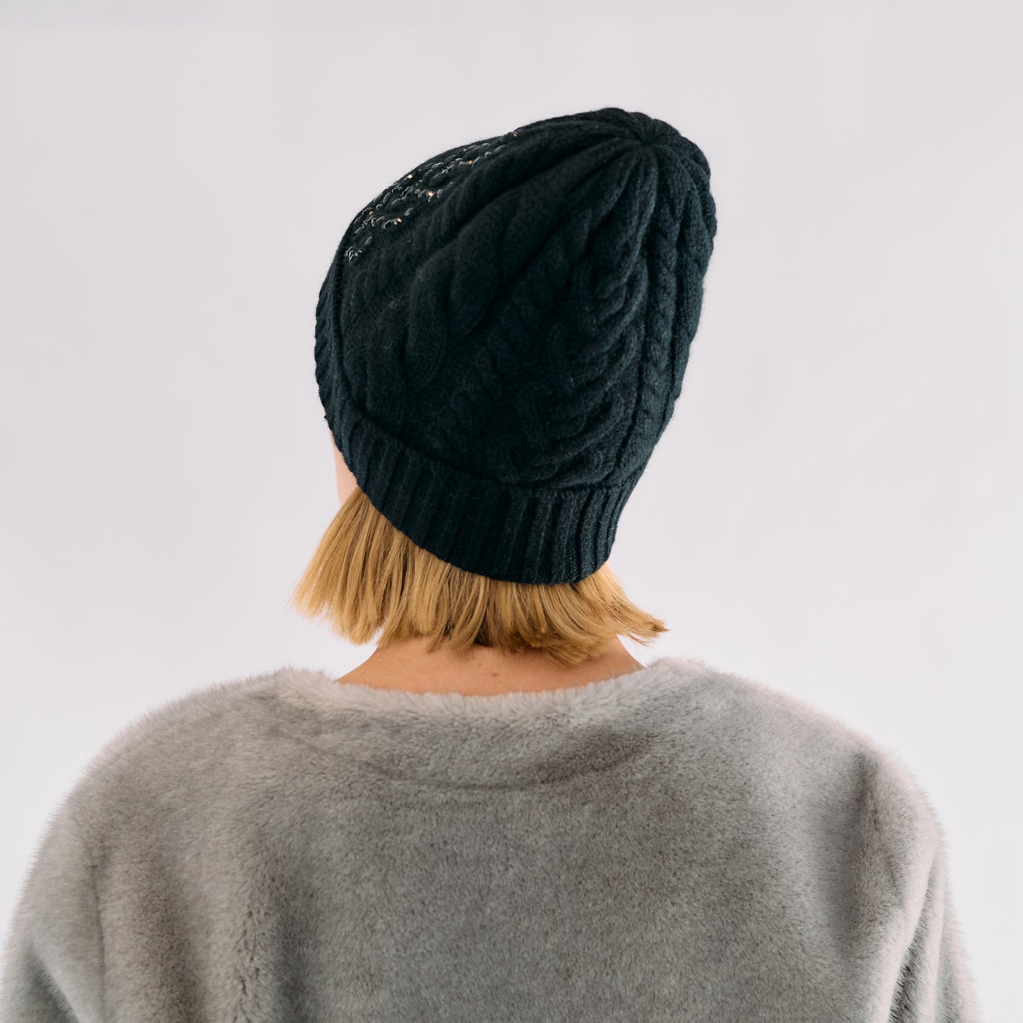 Cashmere Heart Cable Knit Beanie with Row of Crystal Hearts