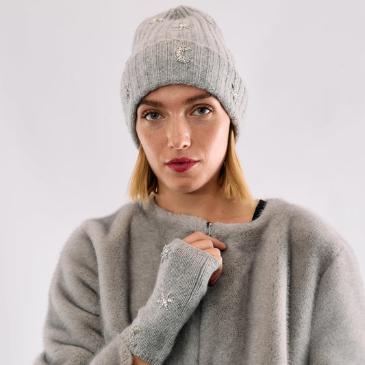 Cashmere Ribbed Cuffed Beanie with Heart & Moons- Light Heather Grey